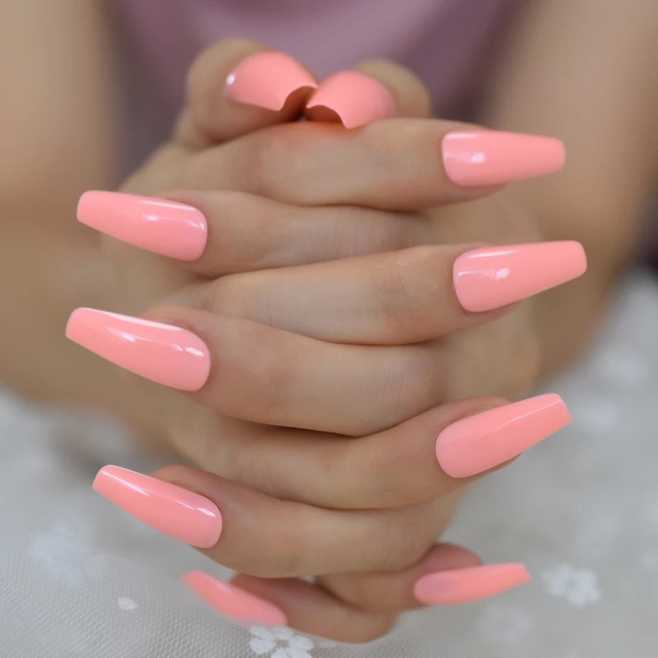 Peach Pink Long Press On Nails – Coffin Shape Glue-On Summer Nails (24PCS Set) surethings