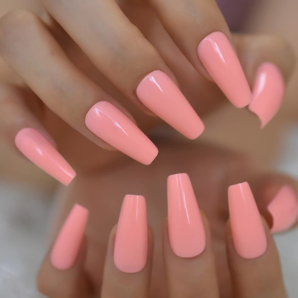 Peach Pink Long Press On Nails – Coffin Shape Glue-On Summer Nails (24PCS Set) surethings