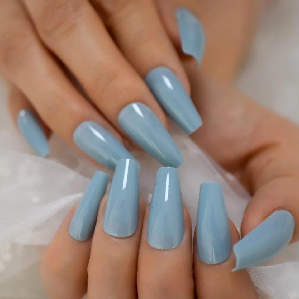 24-piece glossy pale blue coffin long press-on nails kit with soft pastel shine finish surethings