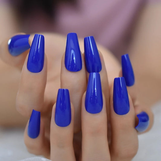 Indigo Blue Long Press-On Nails Kit – 24PCS Coffin Shaped Glue-On Cobalt Nails surethings