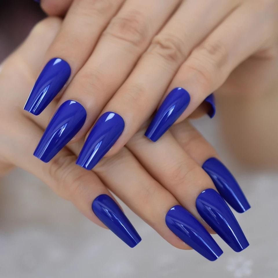 Indigo Blue Long Press-On Nails Kit – 24PCS Coffin Shaped Glue-On Cobalt Nails surethings