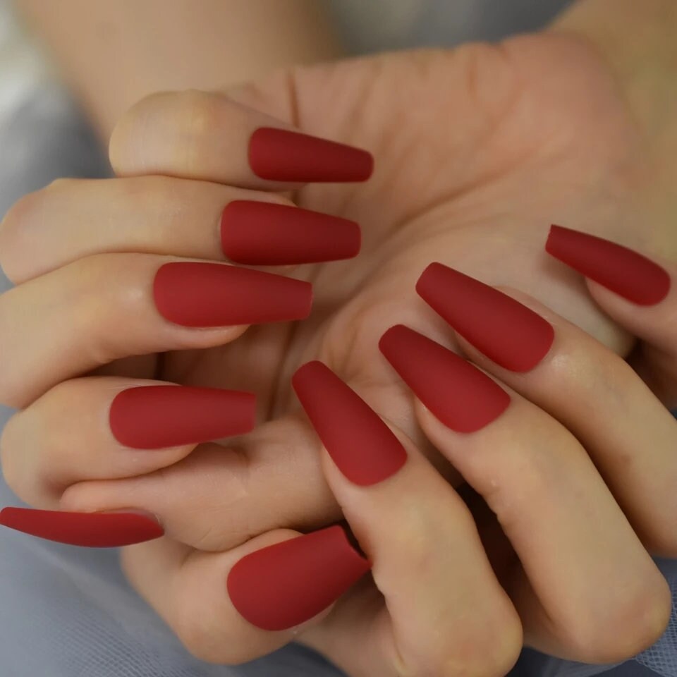 Long Press on Nails – 24 PCS Matte Red Coffin Shape Glue-On Nail Set surethings