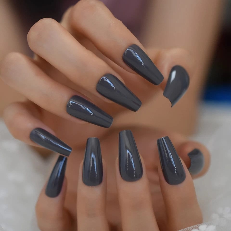 24 PCS Coffin Long Press On Nails – Dark Smokey Gray Gothic Emo Edgy Style surethings