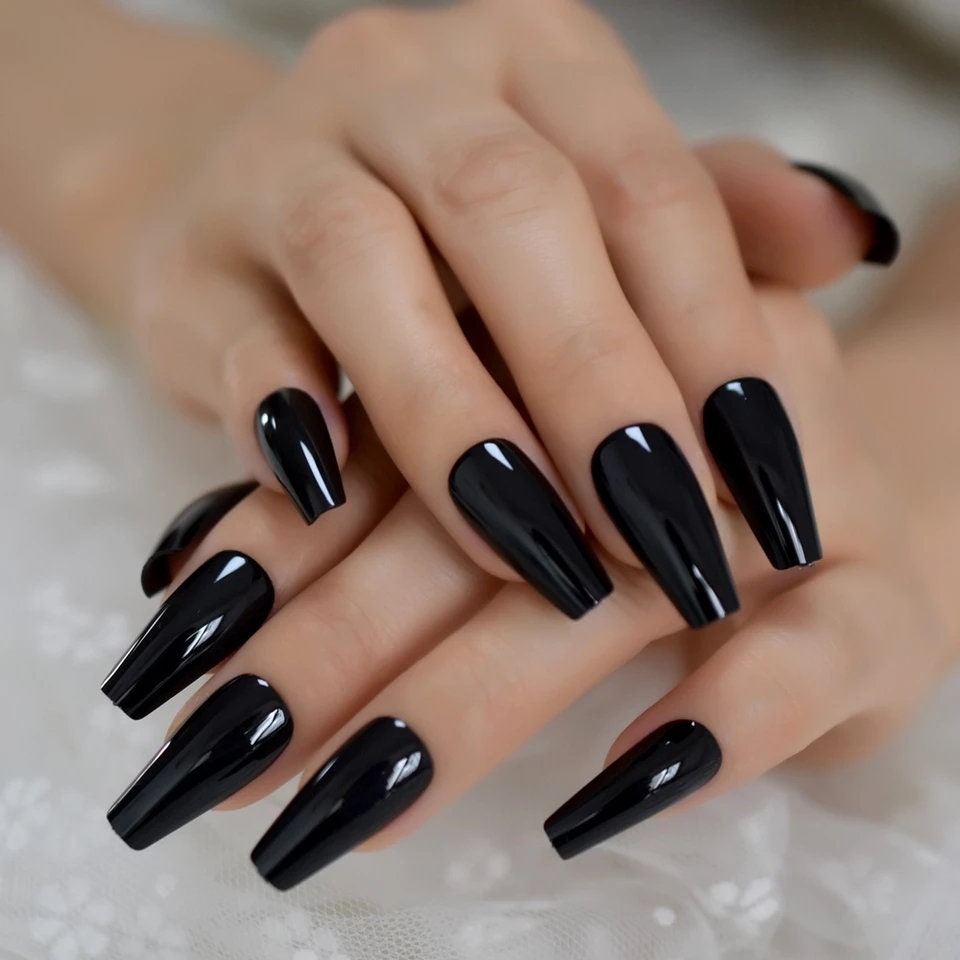 24 Glossy Long Coffin Black Press On Nails kit witchy goth alt glue on