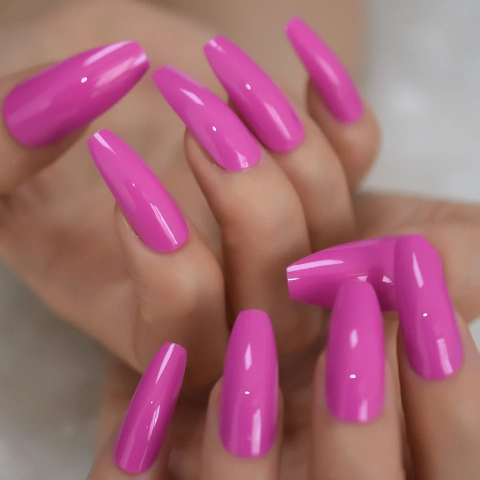 24 pcs Bright Pink Fuchsia neon Summer Long Press on nails glue on shiny manicure 80s rave