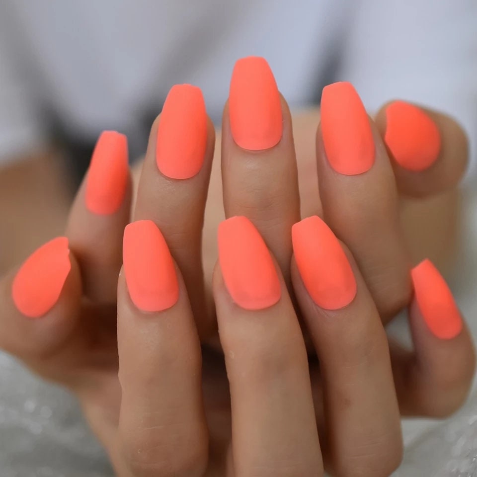 24 Matte Neon Orange Long Press on Nails Medium Coffin 80s rave