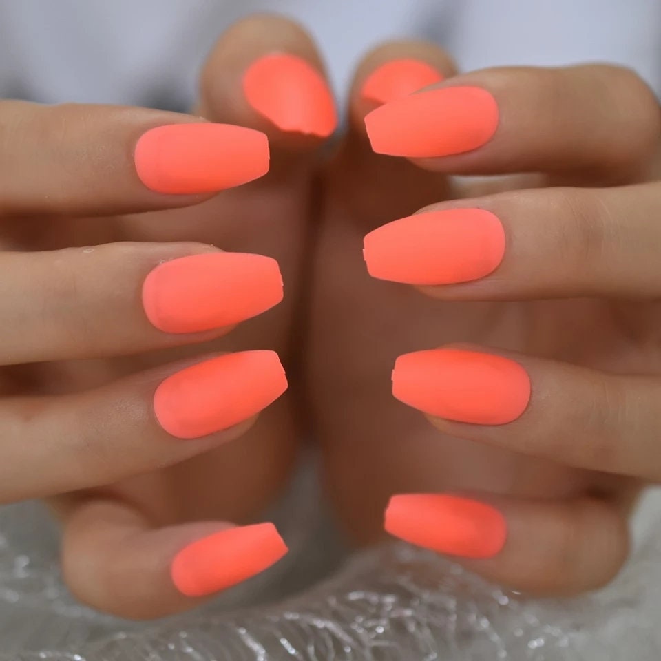 24 Matte Neon Orange Long Press on Nails Medium Coffin 80s rave