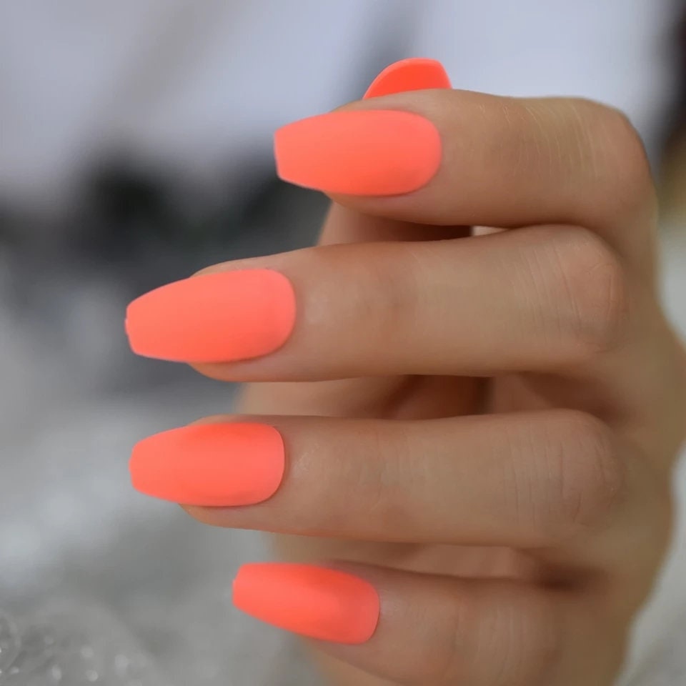 24 Matte Neon Orange Long Press on Nails Medium Coffin 80s rave