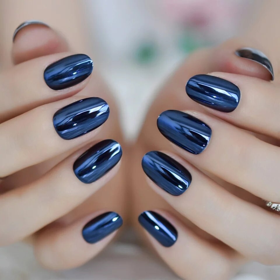 24 Deep Blue Chrome short Press on Nails Glue on Mirror shiny Dark metallic