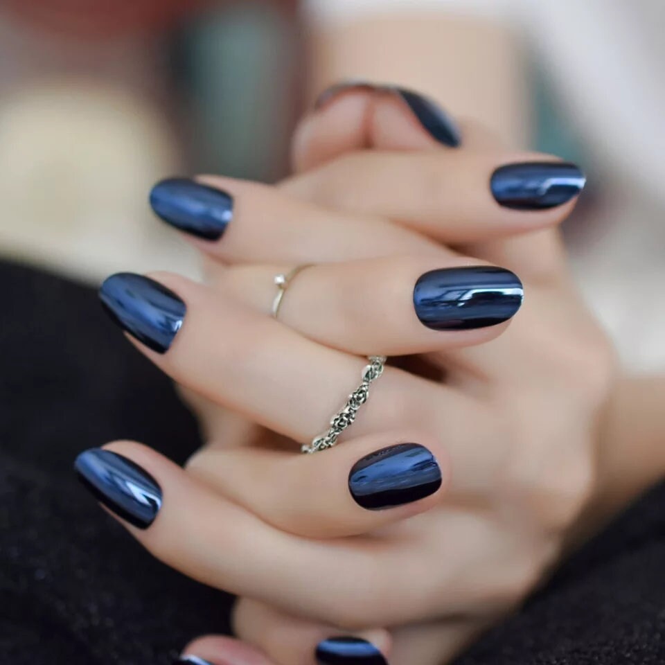 24 Deep Blue Chrome short Press on Nails Glue on Mirror shiny Dark metallic
