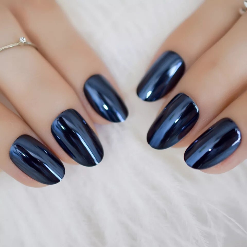 24 Deep Blue Chrome short Press on Nails Glue on Mirror shiny Dark metallic