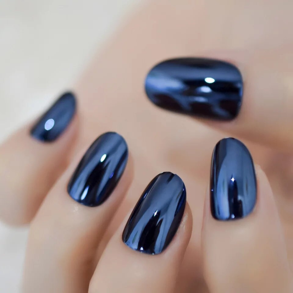24 Deep Blue Chrome short Press on Nails Glue on Mirror shiny Dark metallic