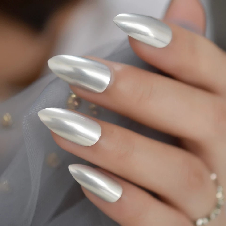 24 Medium Matte Silver Stiletto Long Press On Nails Glue on Mirror shiny metallic