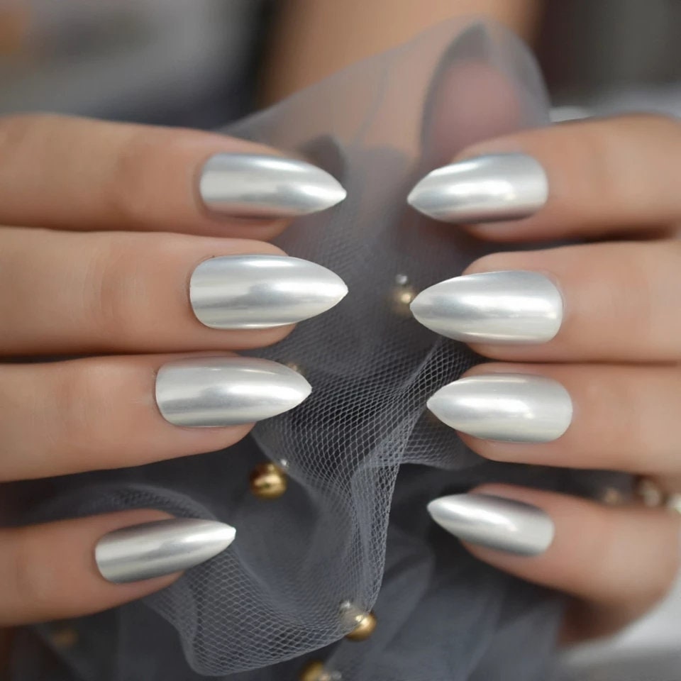24 Medium Matte Silver Stiletto Long Press On Nails Glue on Mirror shiny metallic