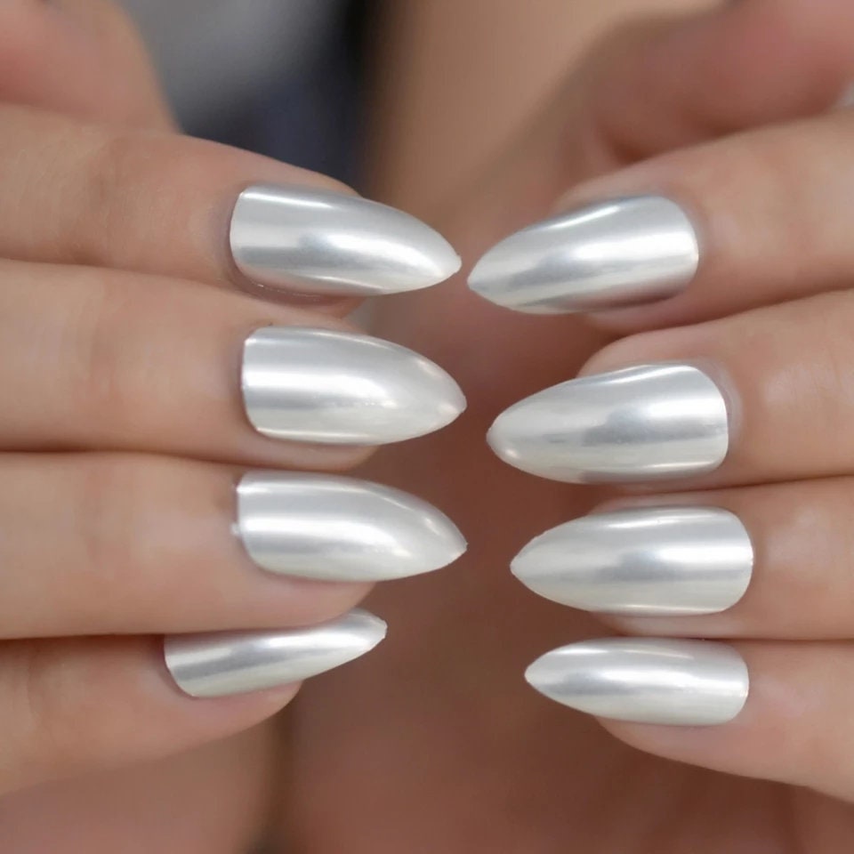 24 Medium Matte Silver Stiletto Long Press On Nails Glue on Mirror shiny metallic