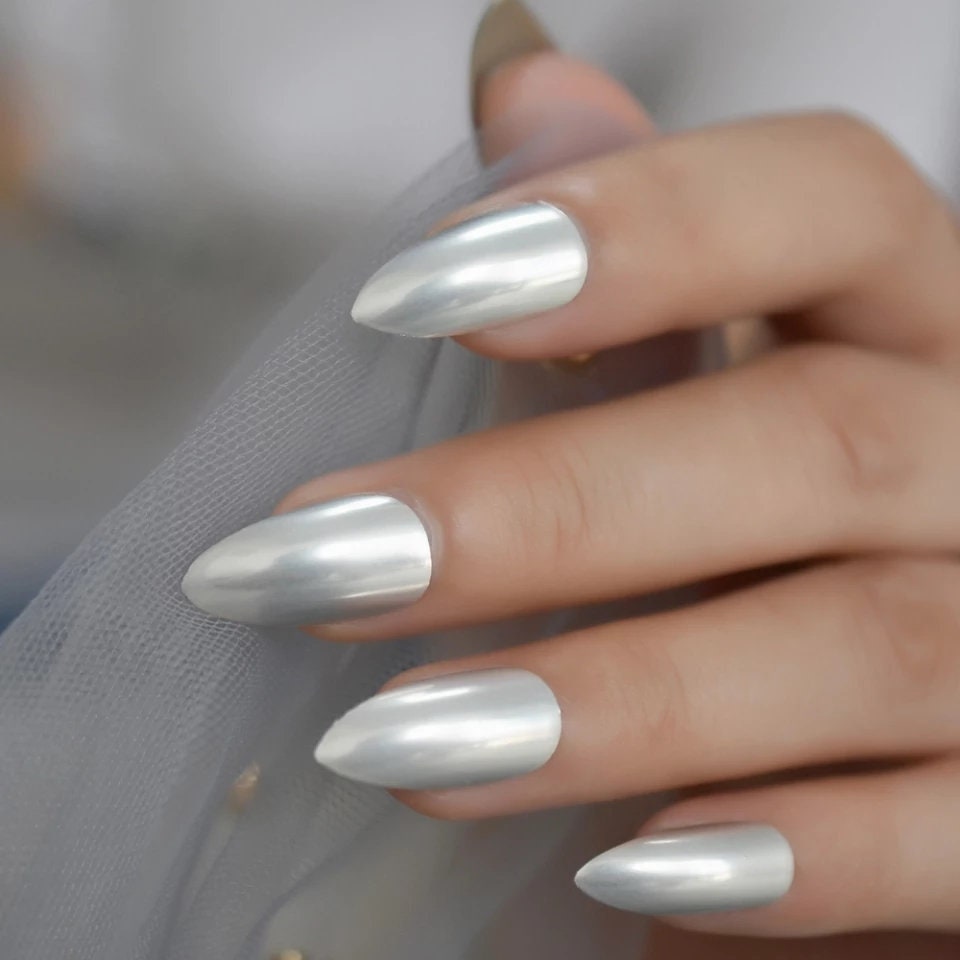 24 Medium Matte Silver Stiletto Long Press On Nails Glue on Mirror shiny metallic