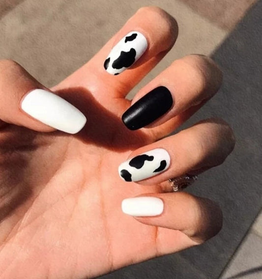 Cow Print Medium Coffin Long Press On Nails – Black White Glue-On Nail Set  surethings
