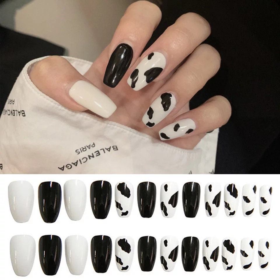 24 Cow Print Long Press on Nails Glue on black white medium coffin 24 nails kit