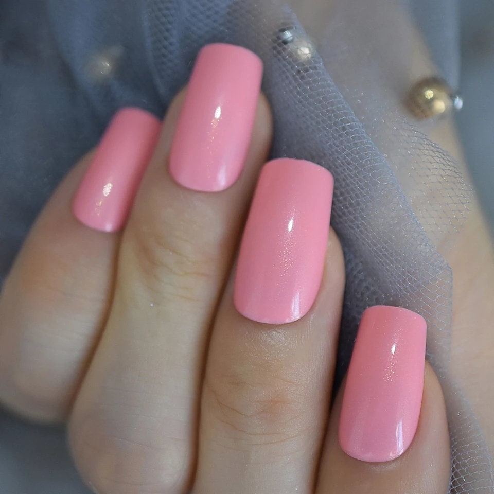 Pink Medium Square Long Press-On Nails – Glossy Glue-On Kit for Everyday Wear surethings