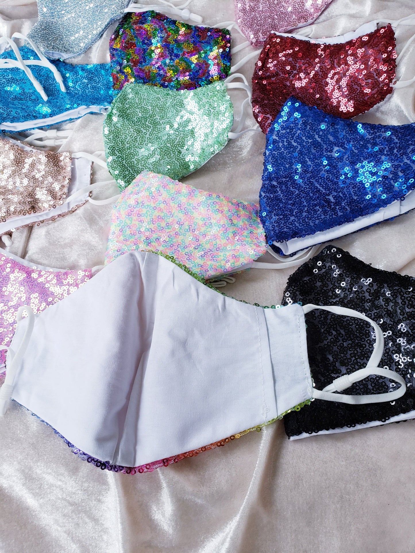 Glam Sequin masks cotton interior rose gold sparkly holographic rainbow multi color pale ombre black blue green red silver mask