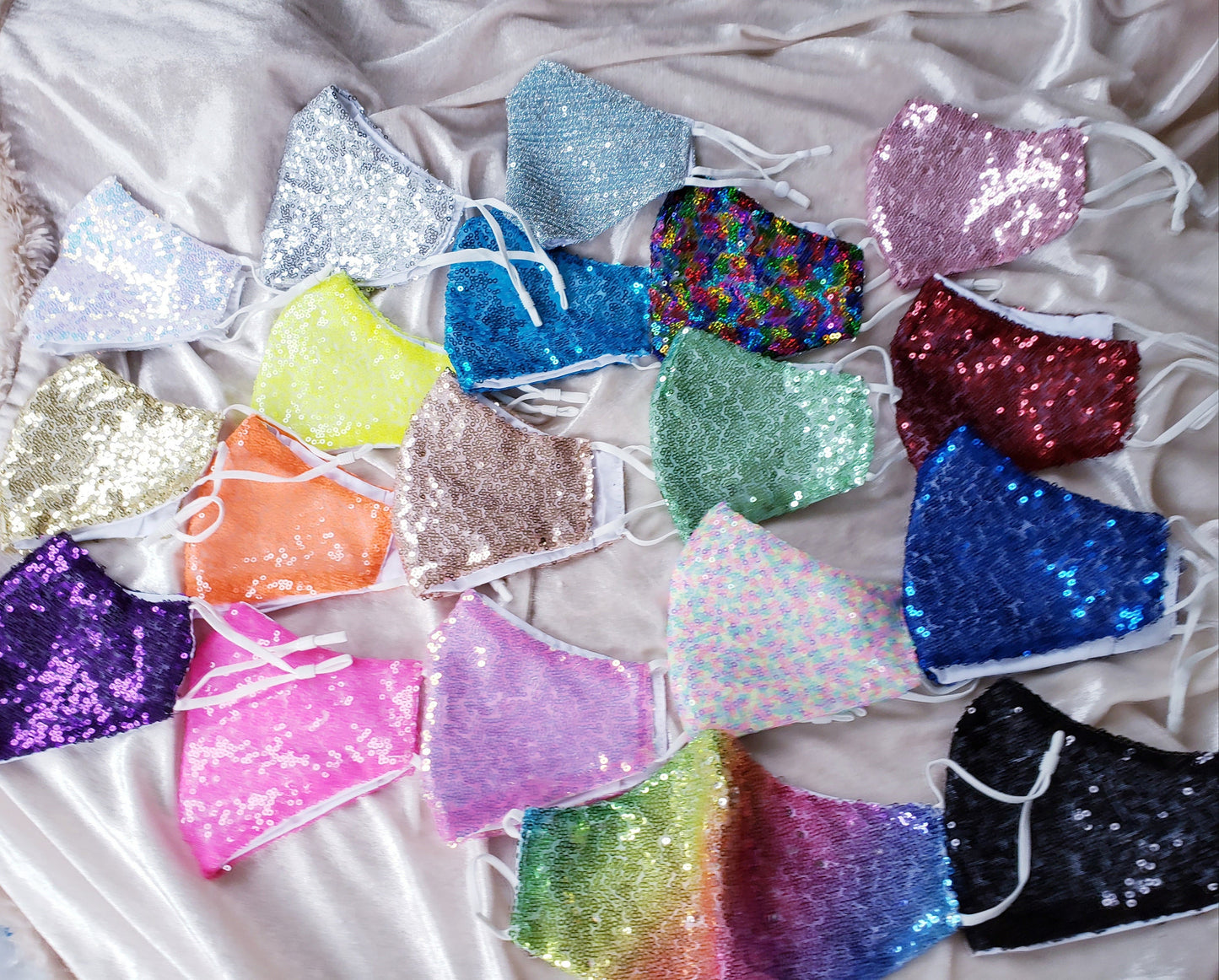 Glam Sequin masks cotton interior rose gold sparkly holographic rainbow multi color pale ombre black blue green red silver mask