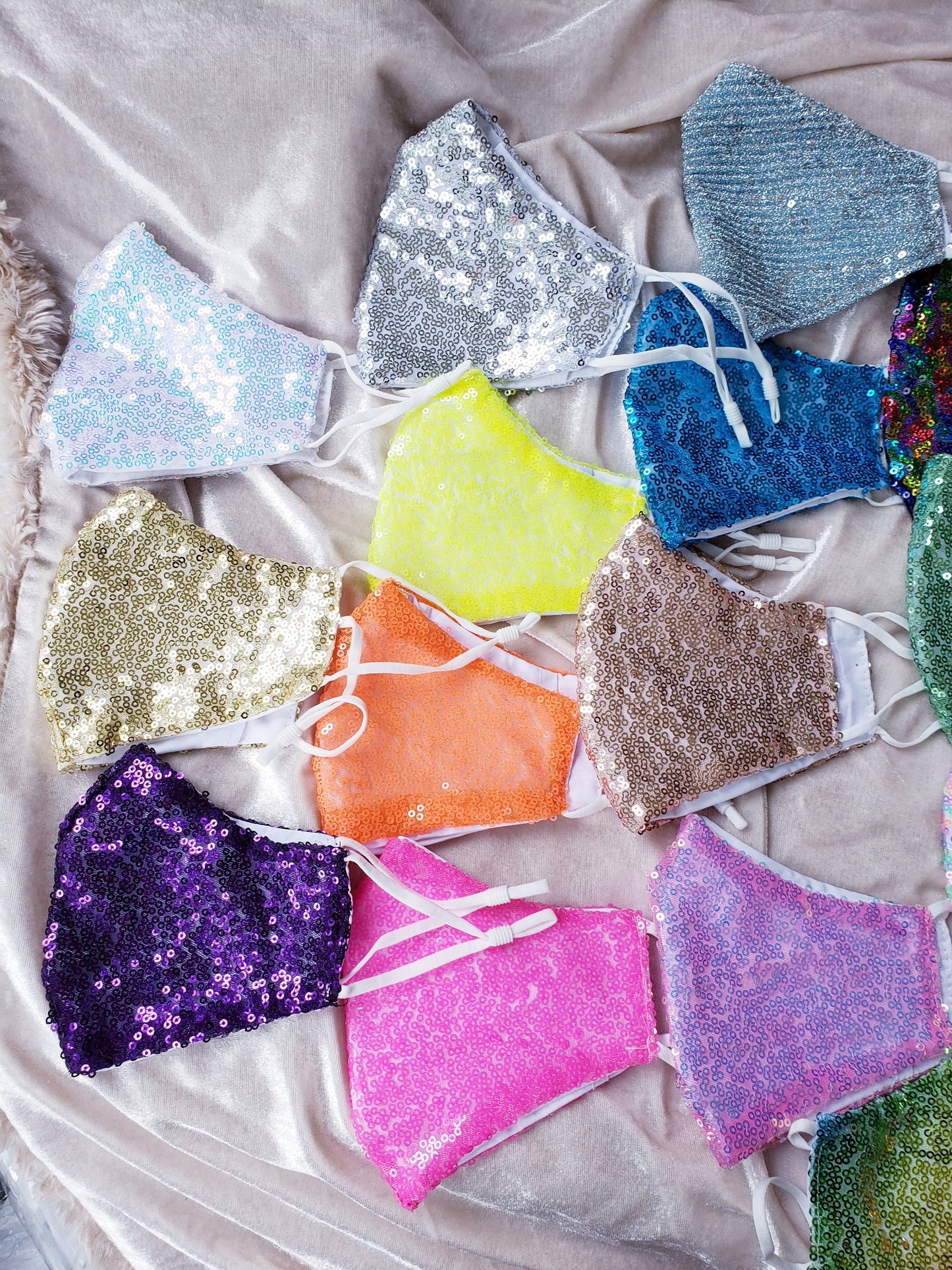 Glam Sequin masks cotton interior rose gold sparkly holographic rainbow multi color pale ombre black blue green red silver mask