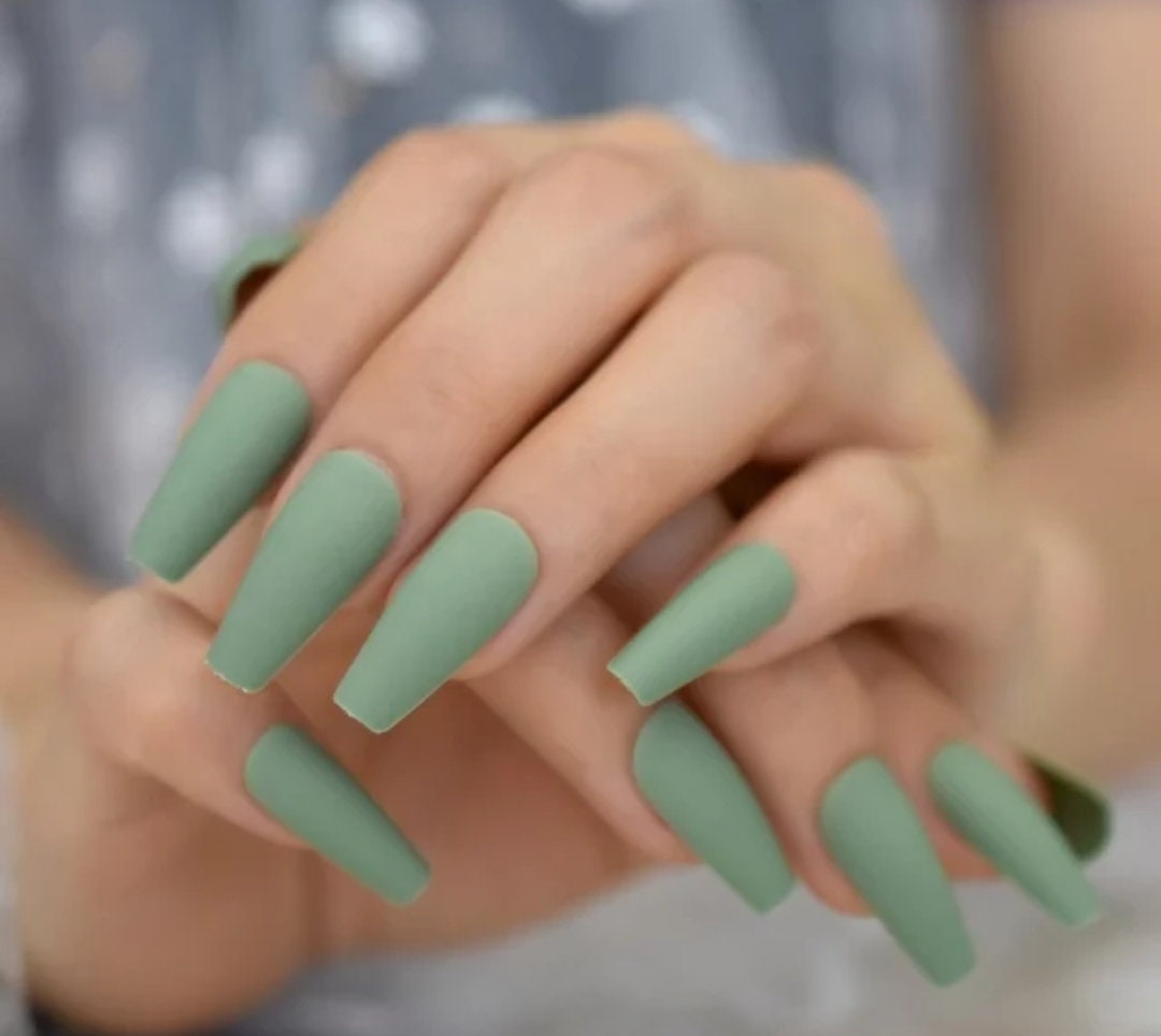24PCS Matte Sage Green Coffin Long Press On Nails – Glue-On Kit surethings