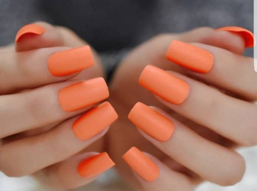 24 carrot orange medium square long press-on nails – bold retro-inspired glue-on nails for 80s and 90s rave style surethings