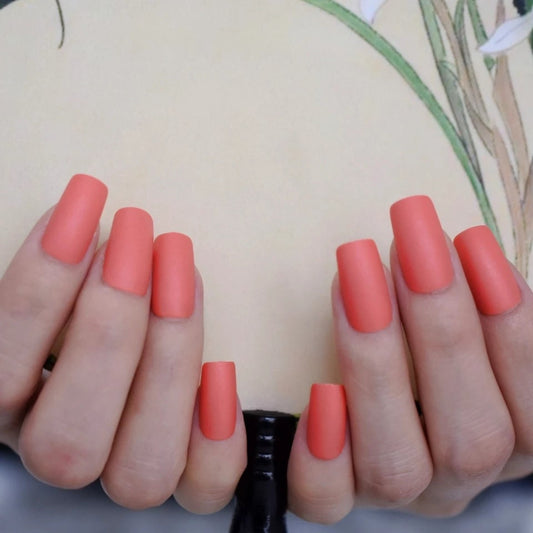 24 matte coral peach square press on nails – medium to long length, soft pretty manicure surethings
