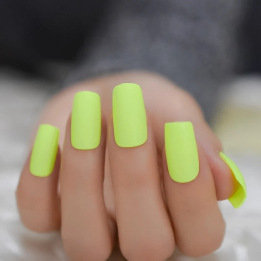Long Matte Square Press On Nails Neon Yellow Green Rave Summer surethings
