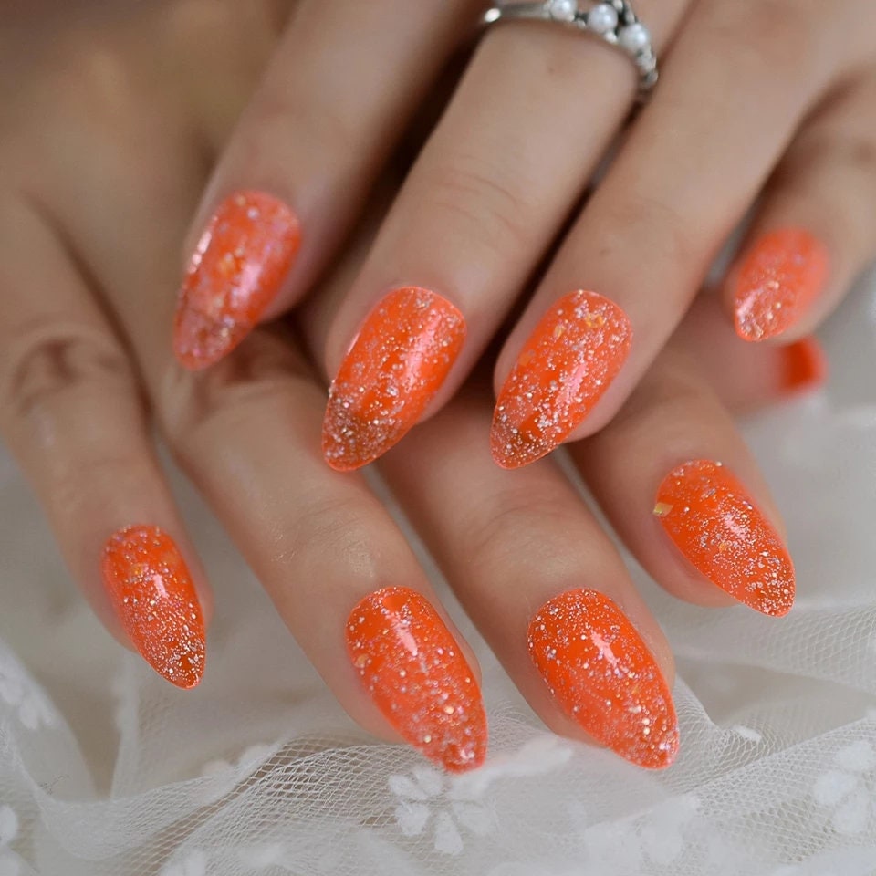 24 Orange Jelly Kiss Press on Nails 90s Medium length glitter clear 80s rave 90s retro funky bright fall autumn Halloween cute