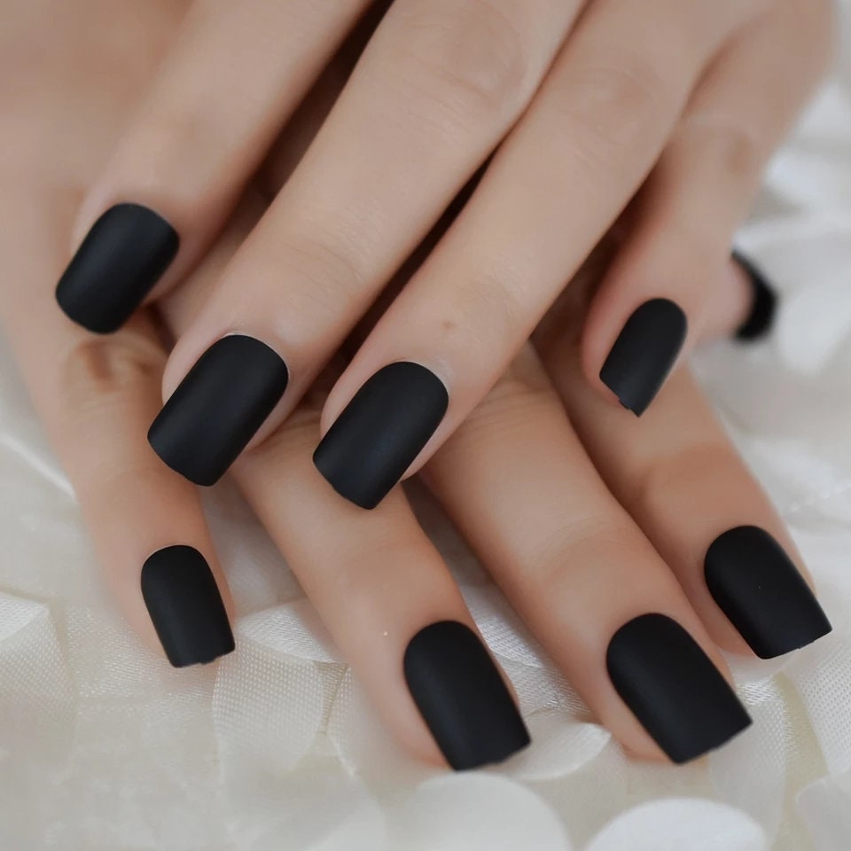 24 PCS Matte Black Square Short Press On Nails – Edgy Gothic Glue-On Kit surethings