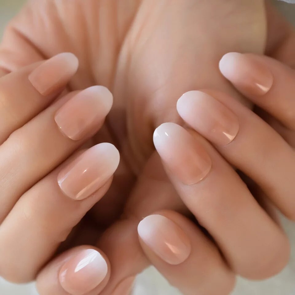 24 Ombre Nude Long Press on Nails glue on medium length white tip French Natural