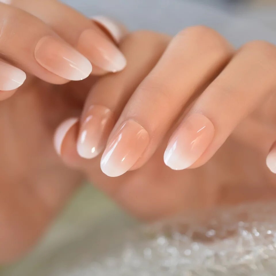 24 Ombre Nude Long Press on Nails glue on medium length white tip French Natural