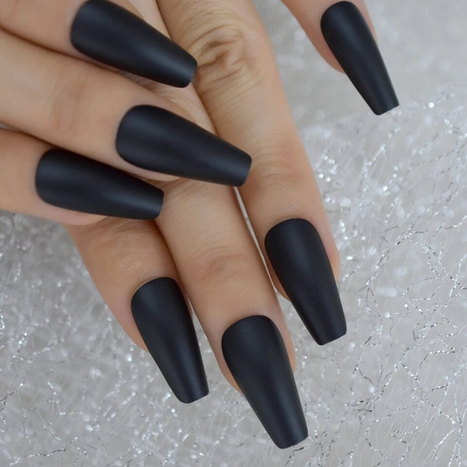 24PCS matte black coffin press-on nails with long gothic style for dark fall vibes surethings
