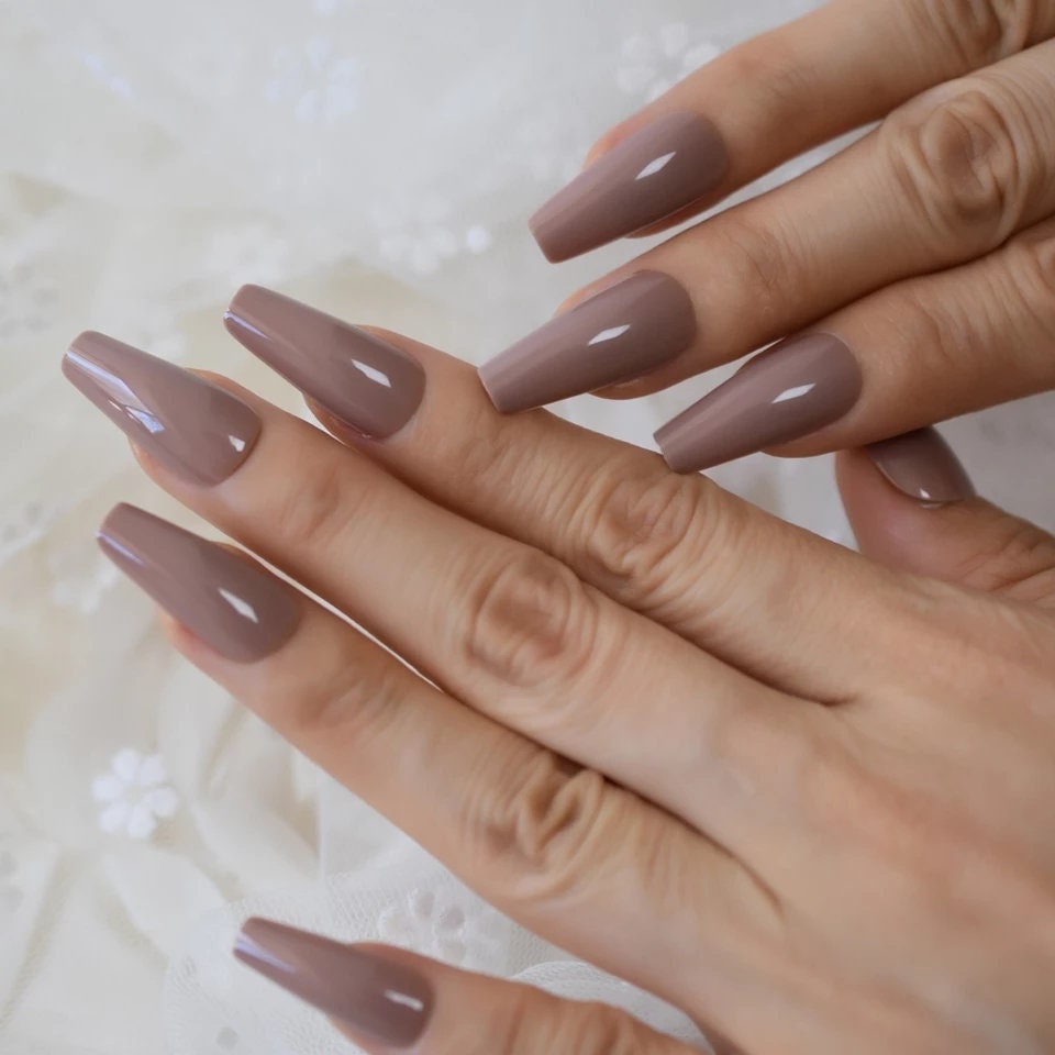 24 tan nude long press-on nails in glossy coffin shape, greige gray brown baddie glue-on nail kit surethings