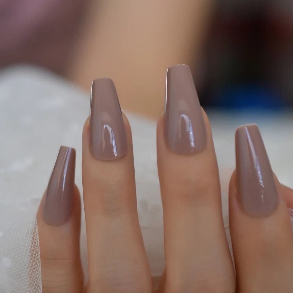 24 tan nude long press-on nails in glossy coffin shape, greige gray brown baddie glue-on nail kit surethings