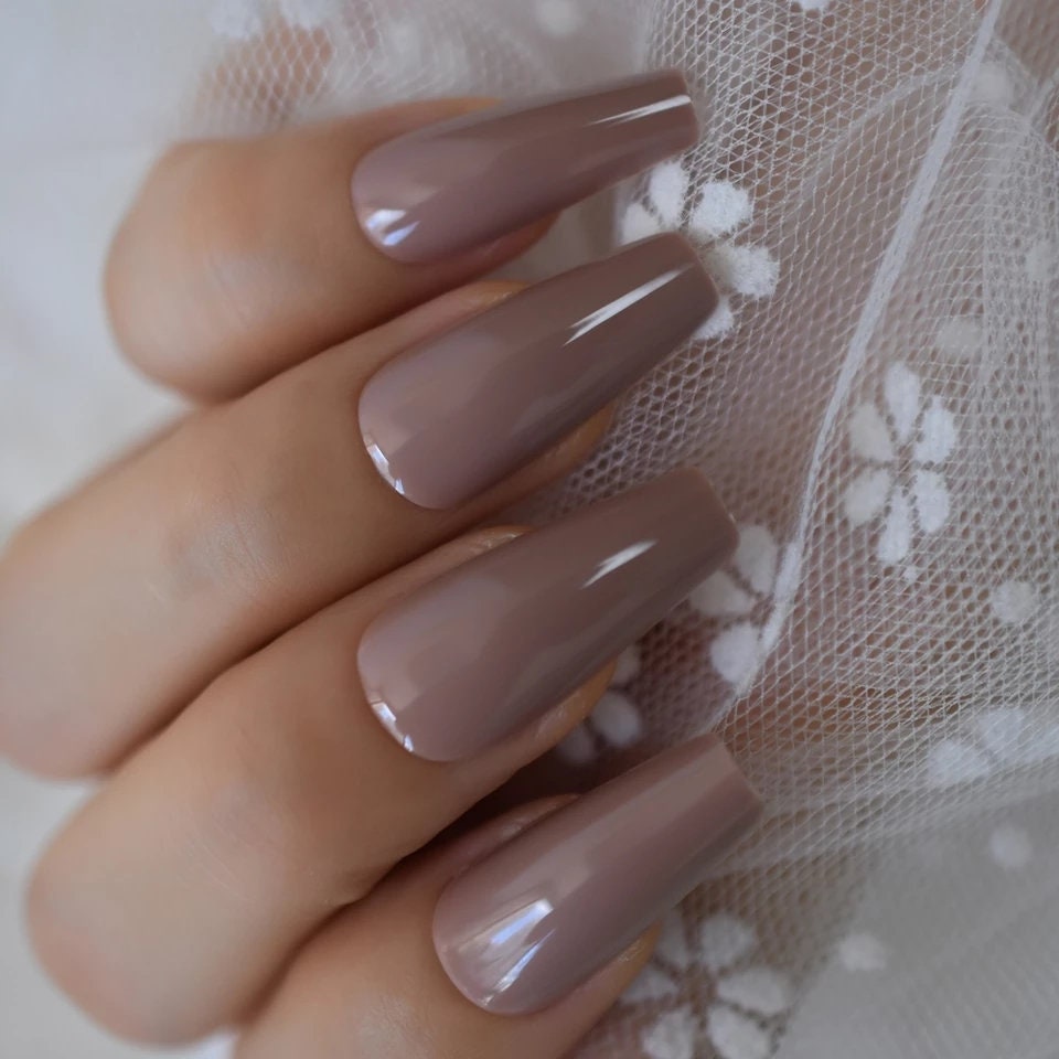 24 tan nude long press-on nails in glossy coffin shape, greige gray brown baddie glue-on nail kit surethings