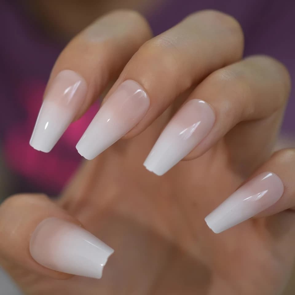 Coffin Long Press On Nails with French white tip ombre design – classic glue-on manicure surethings