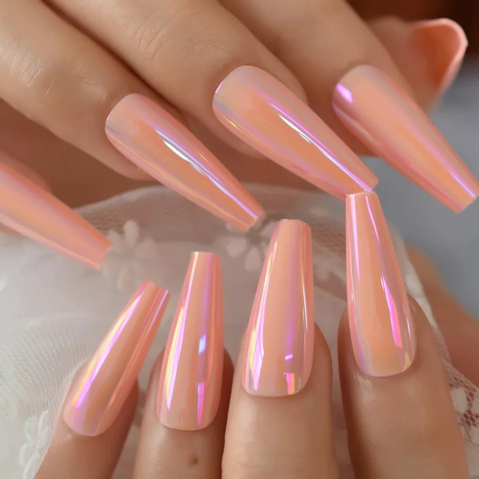 24 PCS Long Press On Nails – Peach Chrome Mirror Chameleon Coffin Design surethings