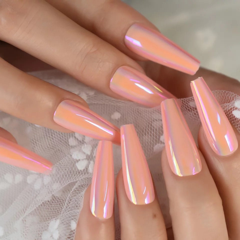 24 PCS Long Press On Nails – Peach Chrome Mirror Chameleon Coffin Design surethings
