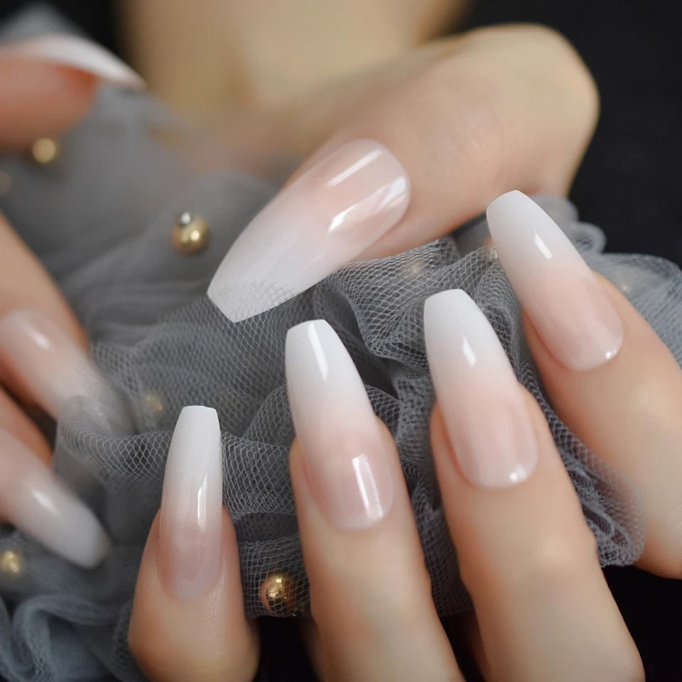 Natural Nude Ombre French Tip Long Press On Nails – 24PCS Coffin Shape Glue-On Set surethings