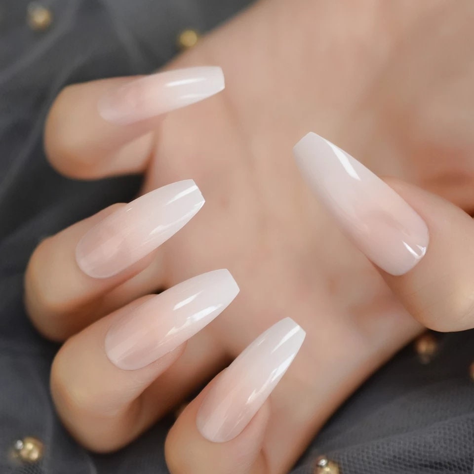 Natural Nude Ombre French Tip Long Press On Nails – 24PCS Coffin Shape Glue-On Set surethings