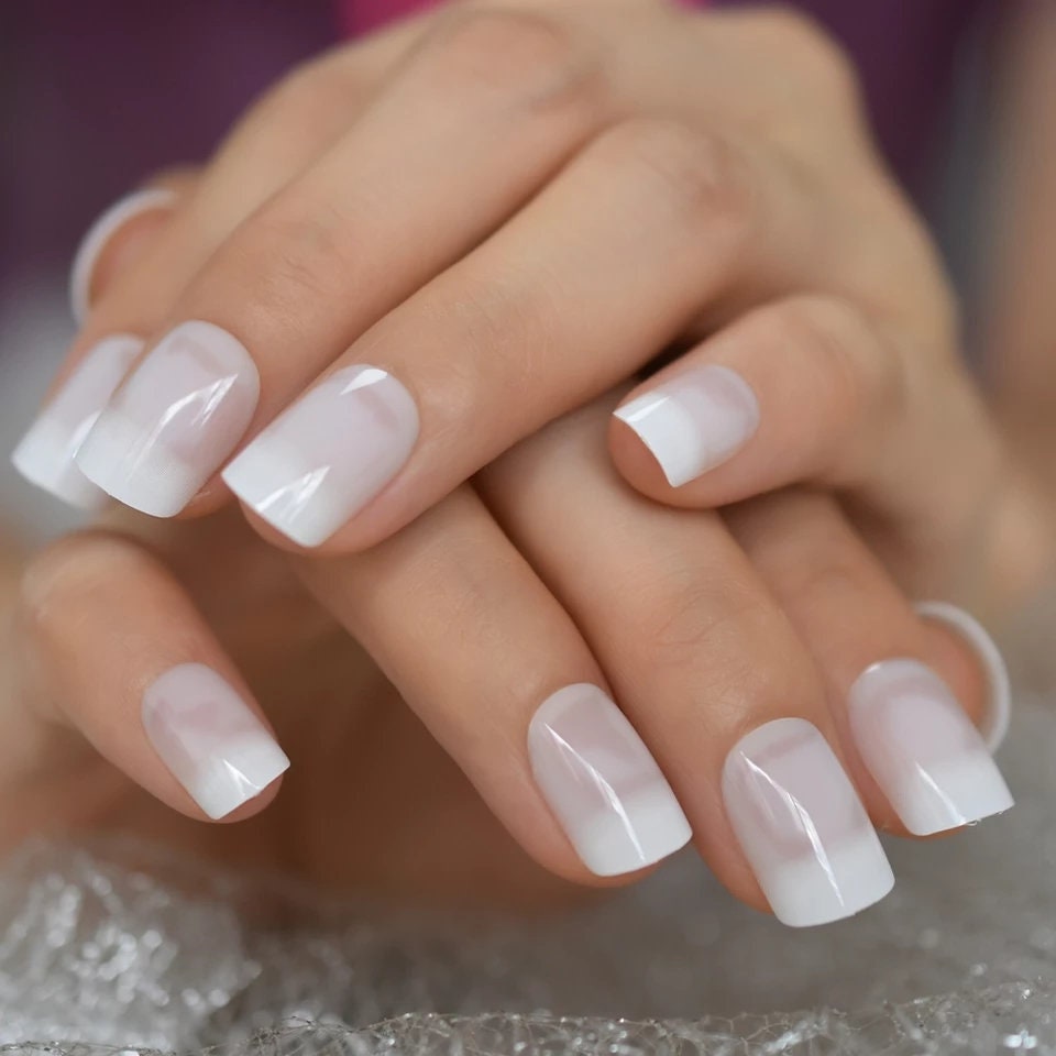 Short French Tip Ombre Press-On Nails Classic White & Nude Natural Look set by Surethings