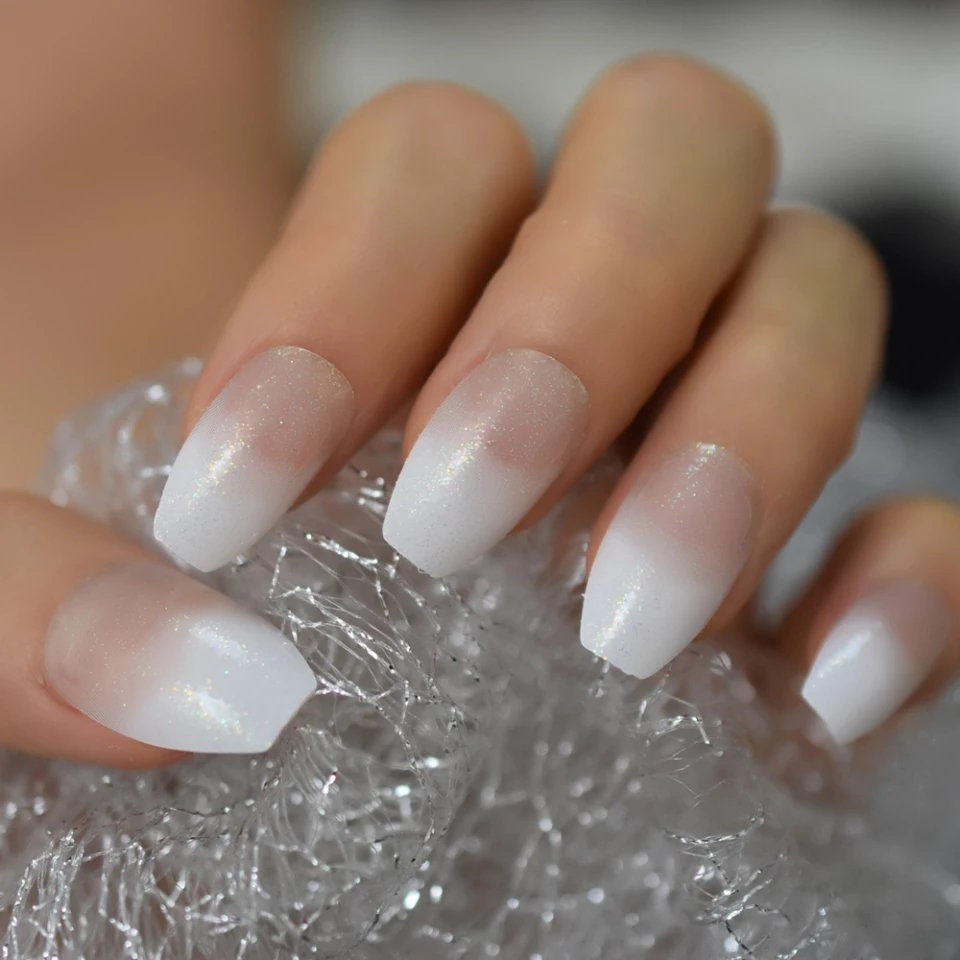 24 Medium Ombre French tip white Long Press on nails glue on natural