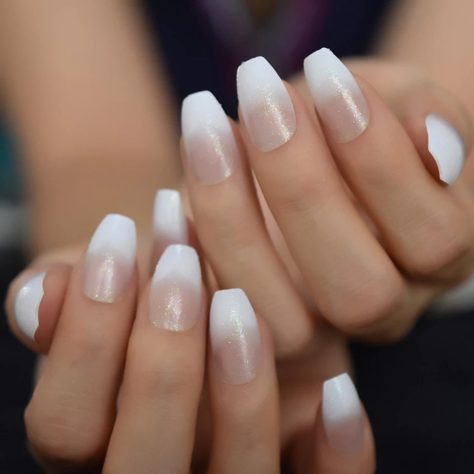 24 Medium Ombre French tip white Long Press on nails glue on natural