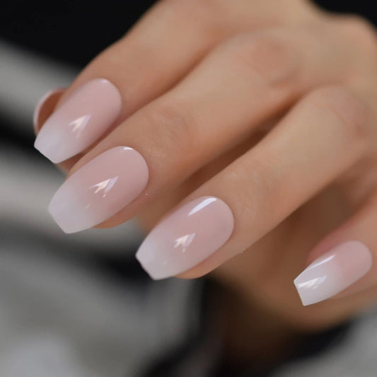 24 Medium Coffin Ombre White tip Pink French mani Long Press on nails glue on natural