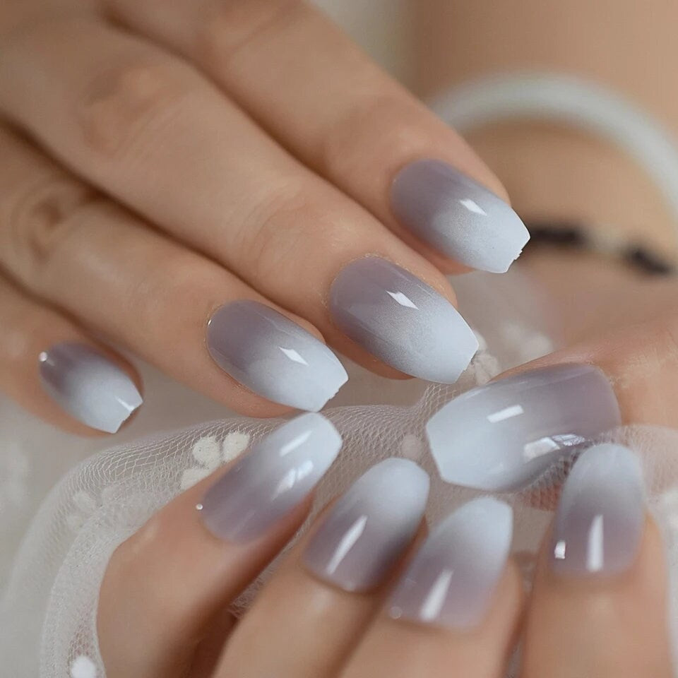24 Medium Coffin Ombre Gray French tip white Long Press on nails glue on natural edgy goth