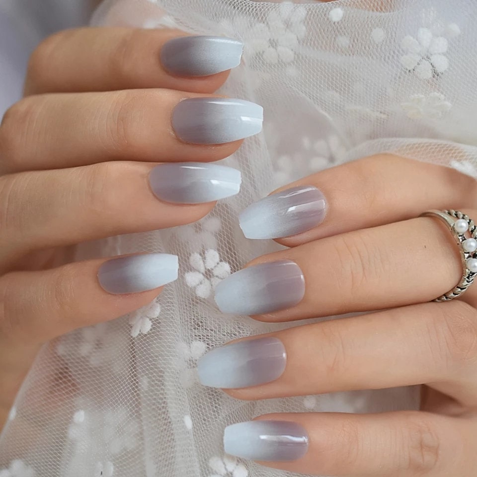 24 Medium Coffin Ombre Gray French tip white Long Press on nails glue on natural edgy goth