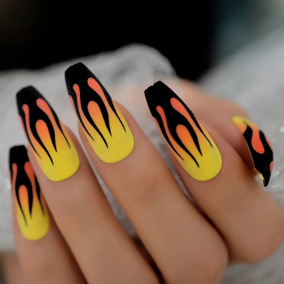 24 Matte Yellow Flame 90s retro Long Press on Nails glue on natural edgy goth multicolor